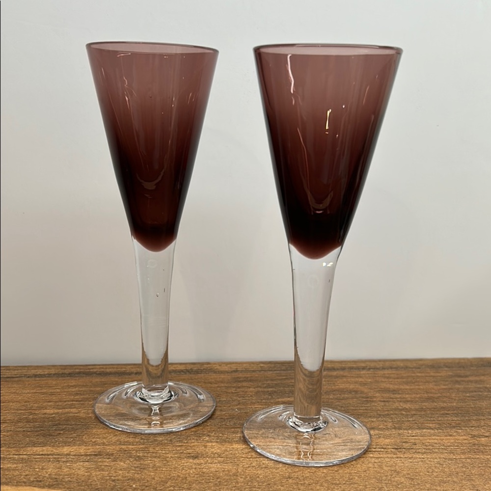 💕 Two Vintage Amethyst Long Stem Sherry Liquor Handblown Glasses